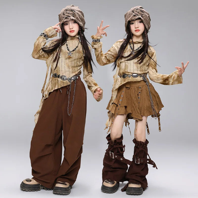 Kid Hip Hop Clothing Distressed Crop Top T Shirt Coffee Casual Wide Pants Strap Pleated Skirt for Girls Dance Costumes Clothes