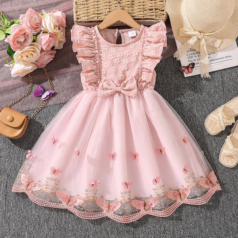 Kids Princess Dress For Girls O-Neck Wing-Sleeve Bowknot Floral Print Embroidery 4-7 Years Summer Sweet Birthday Party Clothing