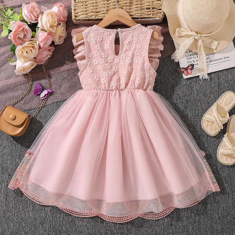 Kids Princess Dress For Girls O-Neck Wing-Sleeve Bowknot Floral Print Embroidery 4-7 Years Summer Sweet Birthday Party Clothing